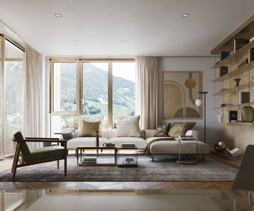 Modernes Wohnzimmer mit großen Fenstern, einem Sofa, einem Sessel und einem Wandregal.