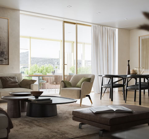 Modernes Wohnzimmer mit eleganter Einrichtung, großen Fenstern und einem Esstisch.
